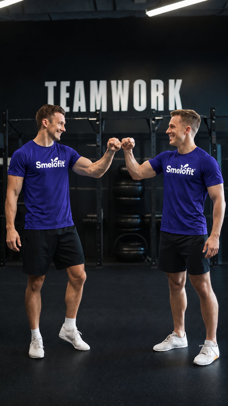 Two Smelofit team members fist-bumping in a gym