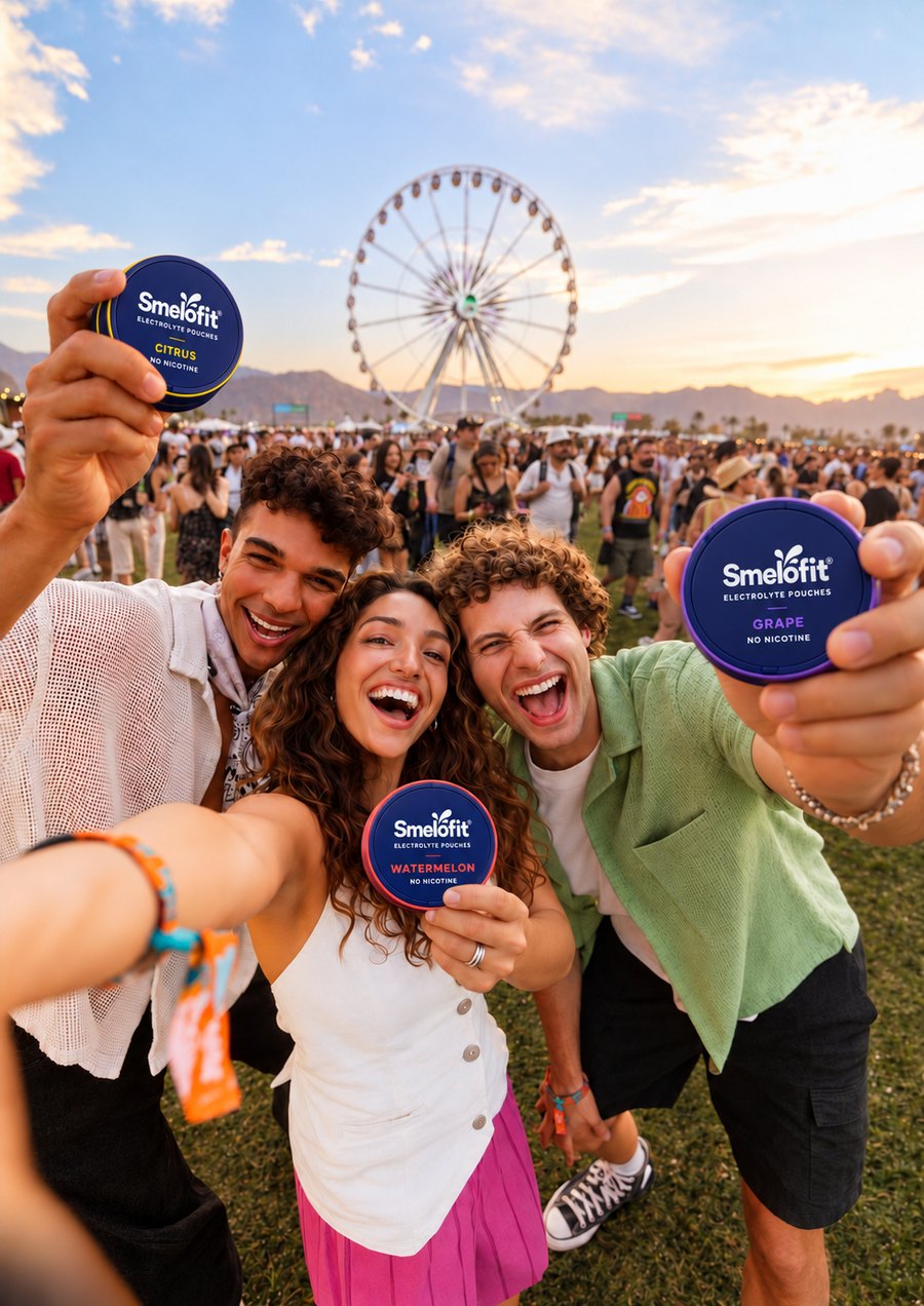 Three friends at a festival holding up smelo tins